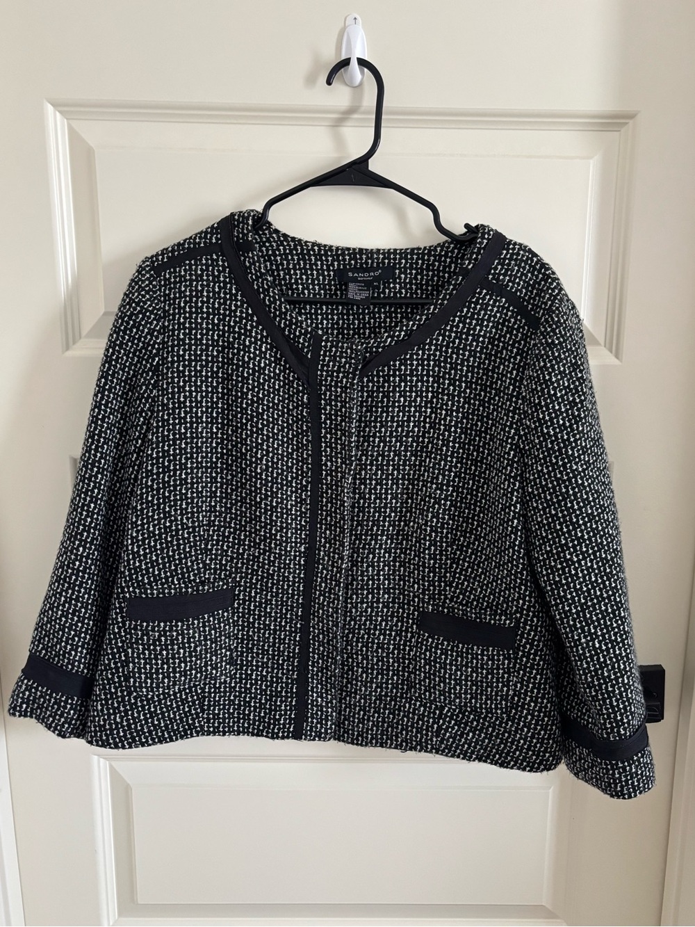 Sandro Black and White Tweed Open-Front Jacket